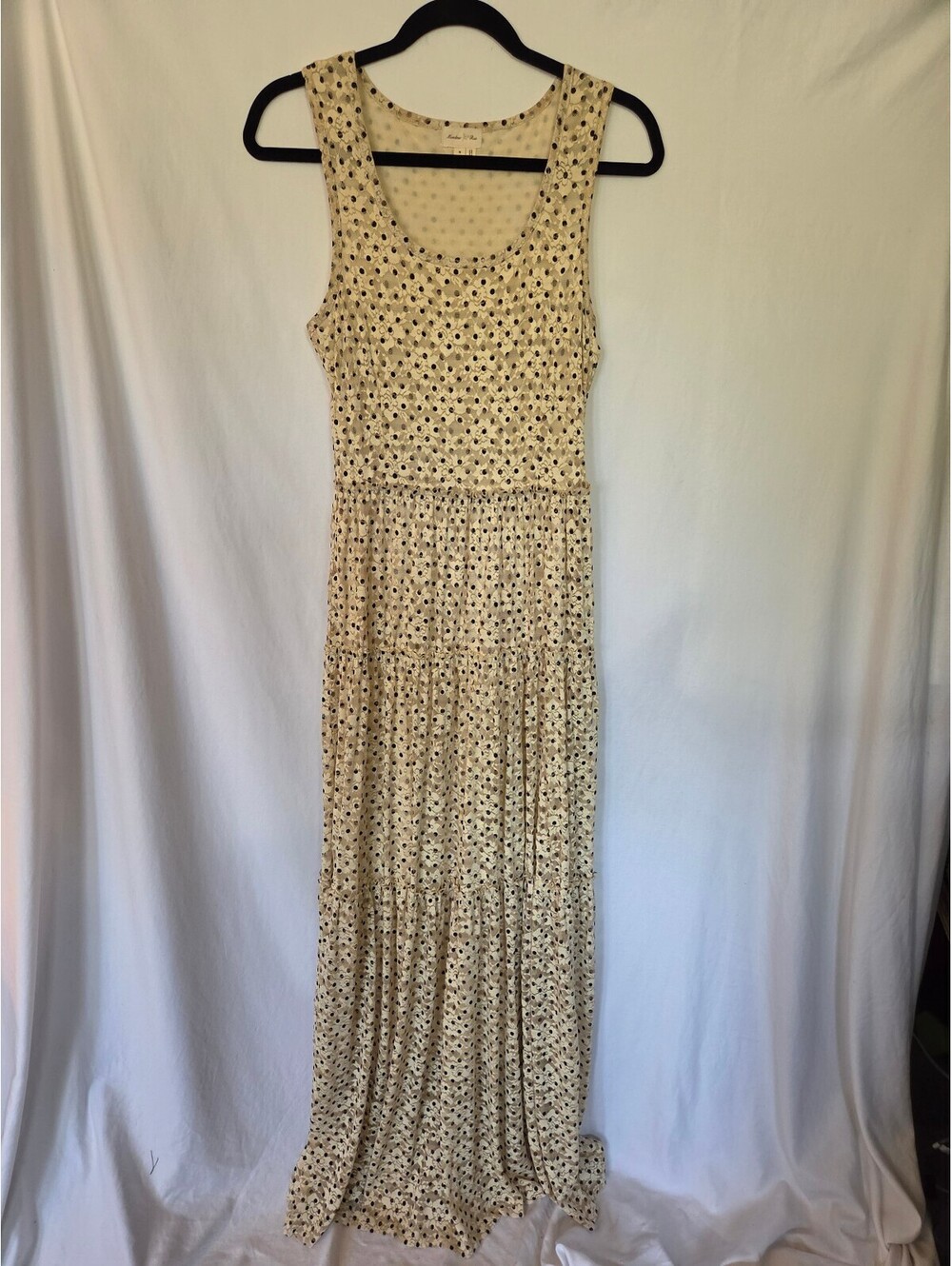 Meadow Rue Anthropologie Polka Dot Floral Lace Tiered Maxi Dress Beige Cream M